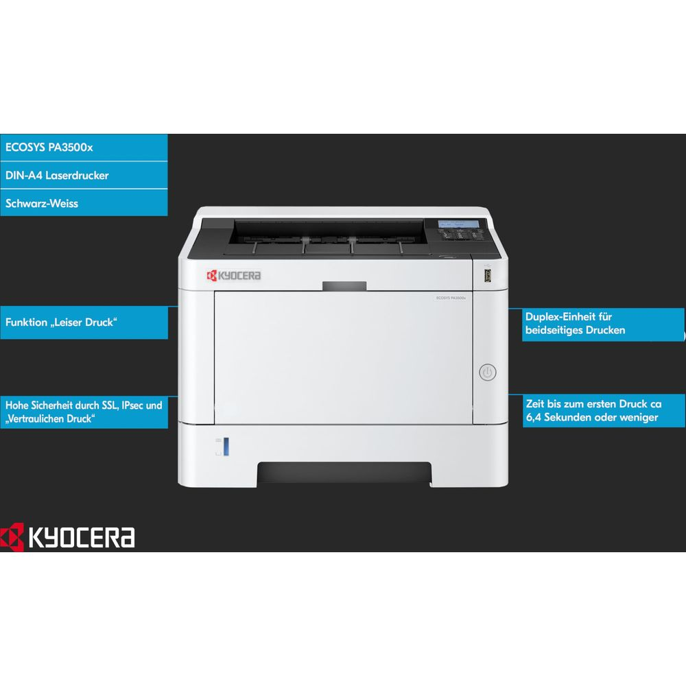 Drukarka laserowa Kyocera ECOSYS PA3500x czarno-biała z polami tekstowymi.