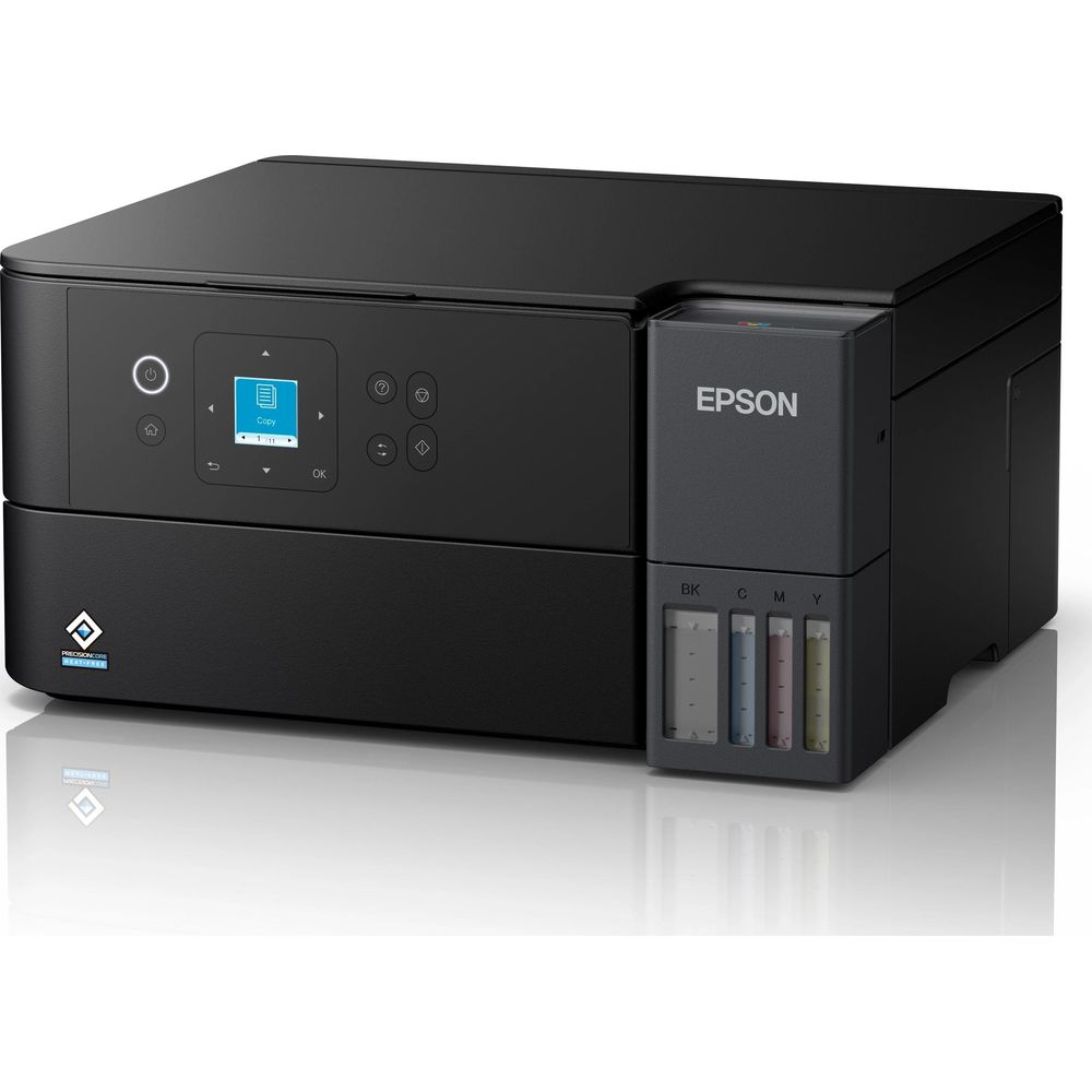 Czarna drukarka Epson z ekranem dotykowym i widocznymi zbiornikami na tusz.