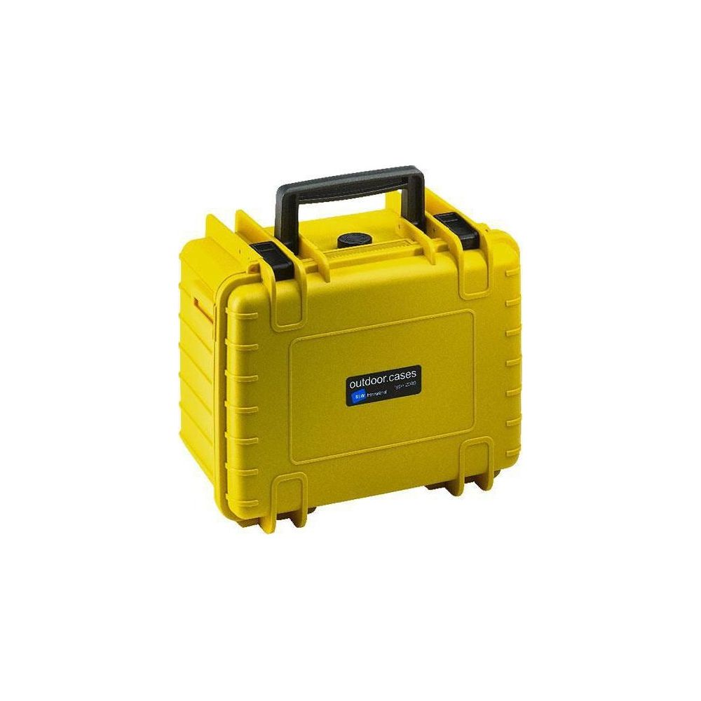 Gelbe Outdoor-Schutztasche mit schwarzem Griff. Aufschrift: outdoor.cases.