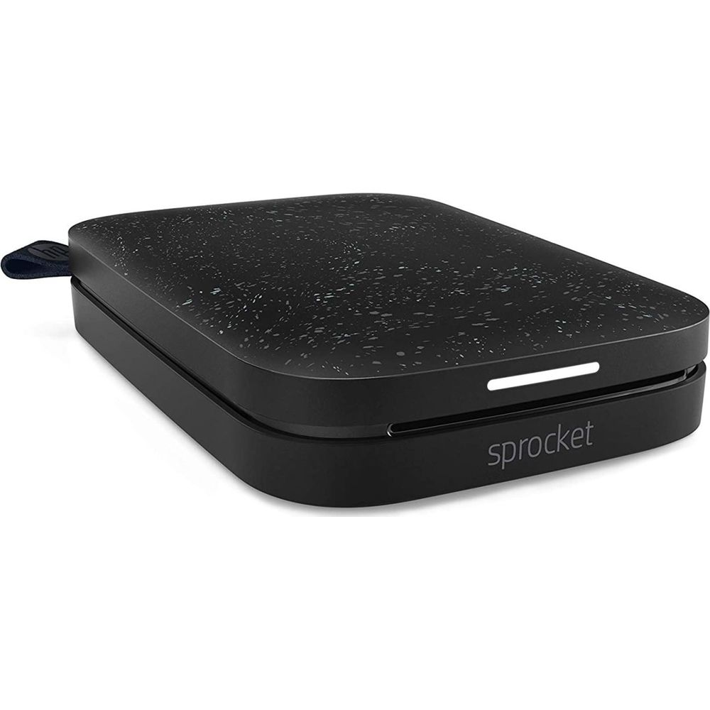 Czarna drukarka HP Sprocket w cętkowany wzór.