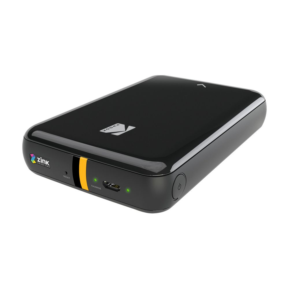 Schwarzer Kodak Zink Drucker mit gelbem Streifen und Ladeanzeigen.