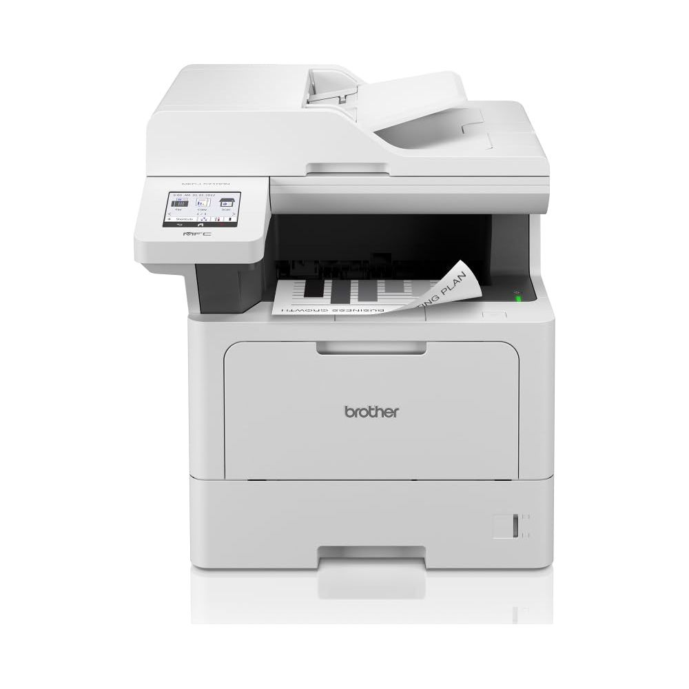 Une imprimante Brother MFC blanche avec un document sortant.