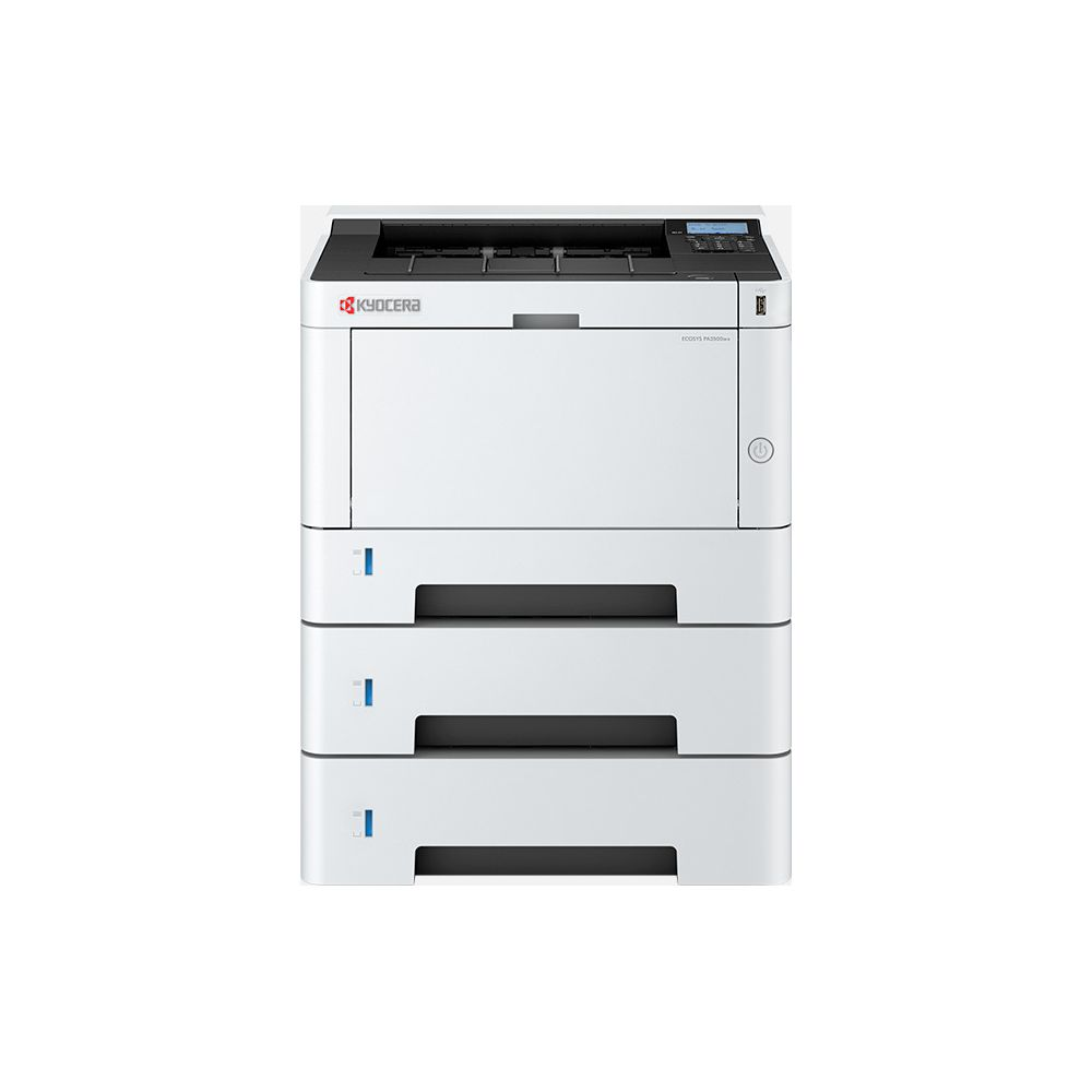 Biała drukarka Kyocera z trzema podajnikami papieru i panelem sterowania.