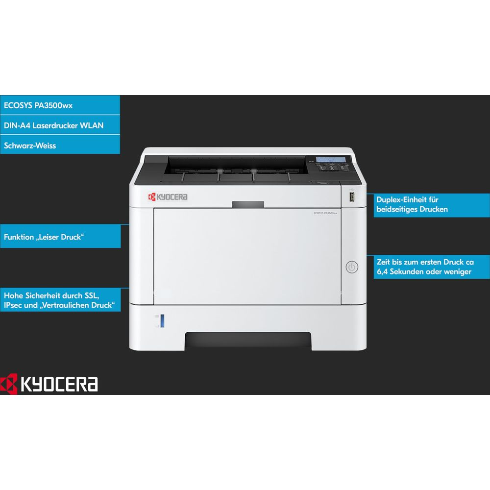 Biała drukarka laserowa Kyocera z polami tekstowymi opisującymi funkcje.