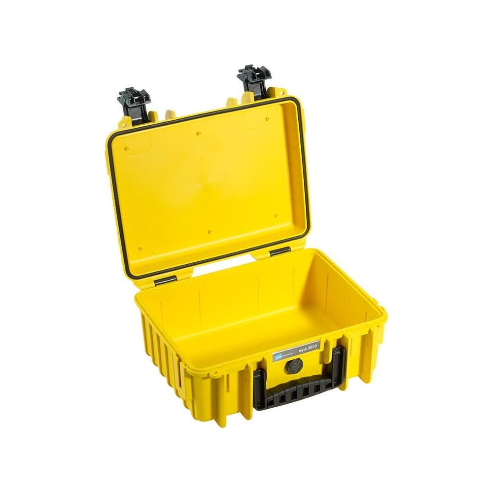Eine gelbe, offene Schutzbox mit schwarzem Griff und Verriegelungsclips.