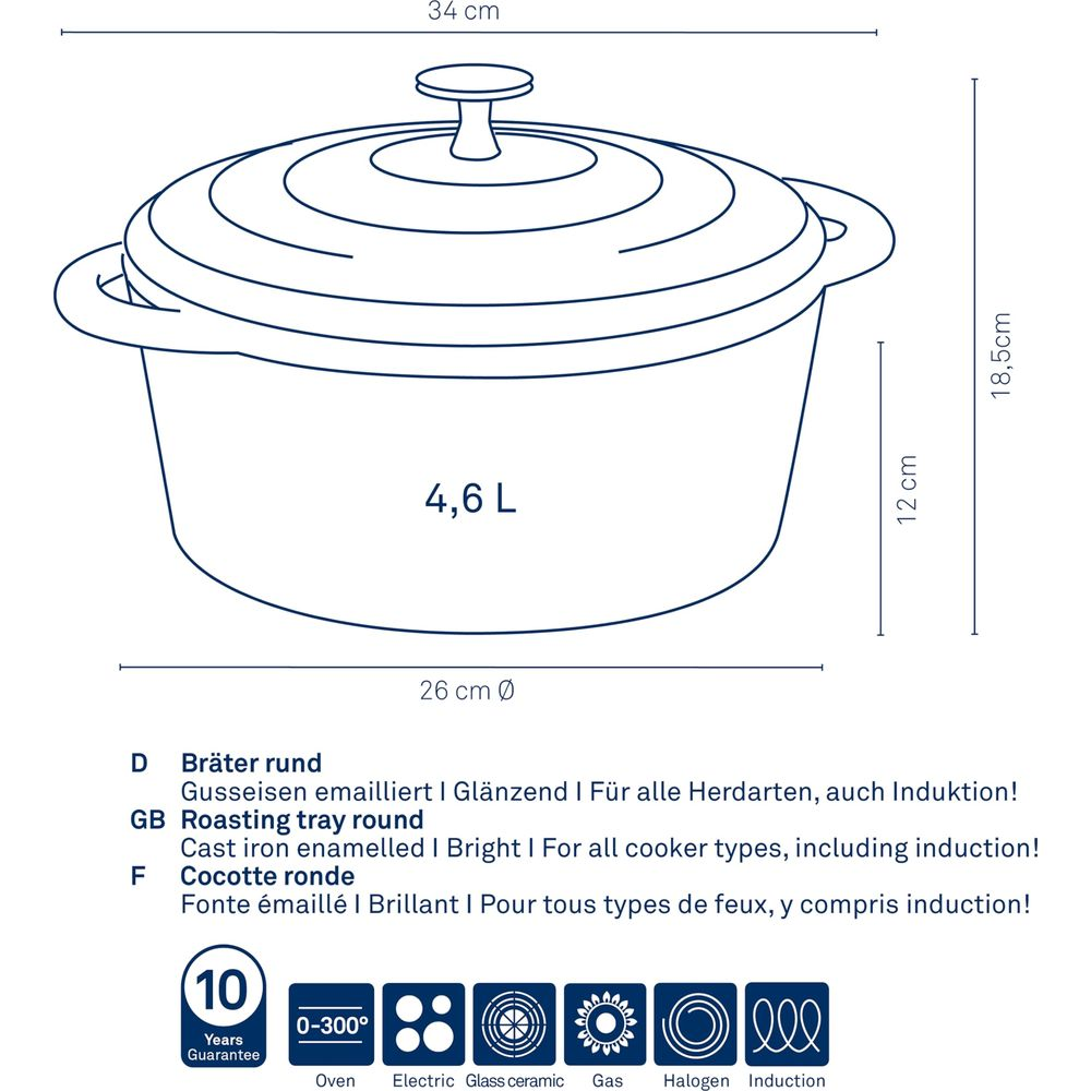 Technische Zeichnung eines runden Bräters mit Deckel, 4,6 L, Ø 26 cm, H 18,5 cm.