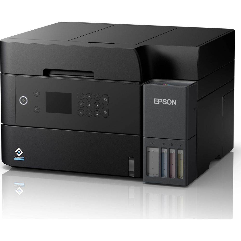 Czarna drukarka Epson ze zbiornikami na tusz i panelem sterowania.