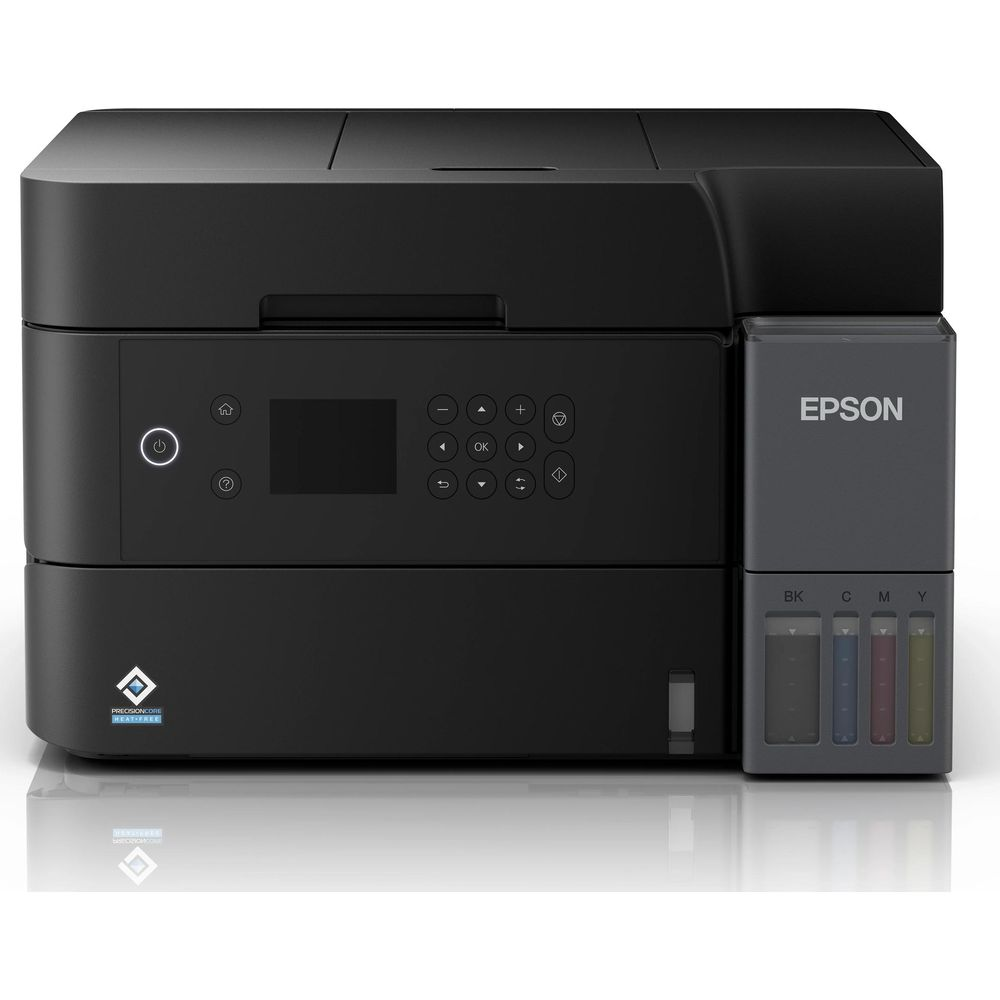 Czarna drukarka Epson ze zbiornikami na tusz: BK, C, M, Y.