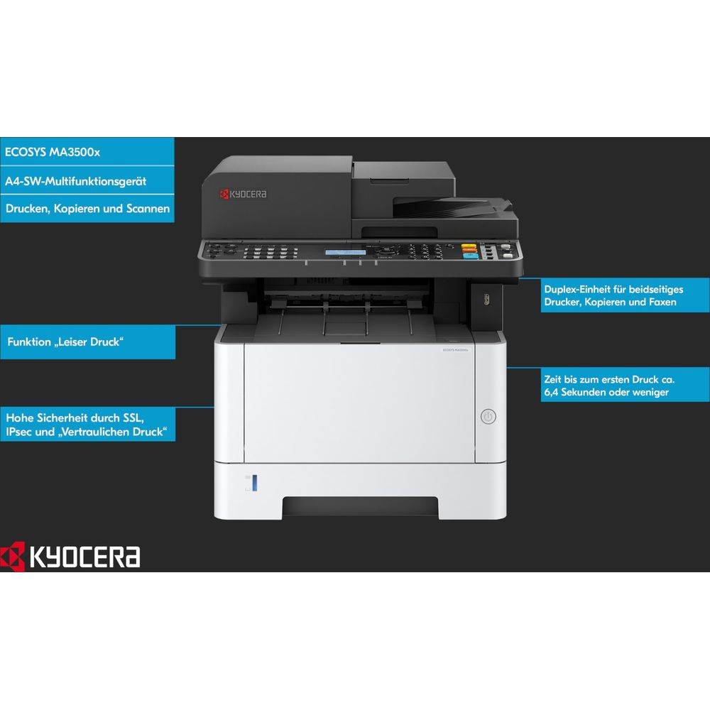 Drukarka wielofunkcyjna Kyocera ECOSYS MA3500x A4 z panelem sterowania i tacą.