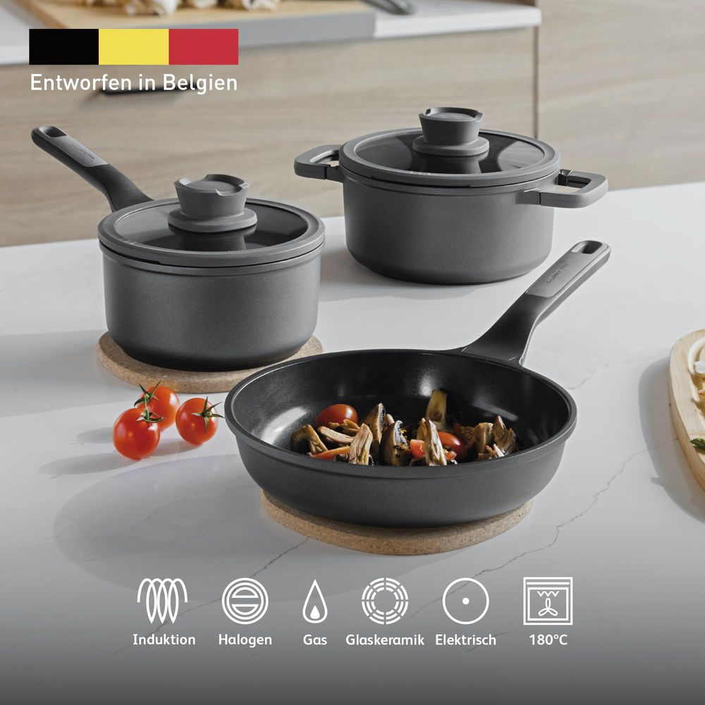 Gray cookware sets with cooking ingredients and stove icons.