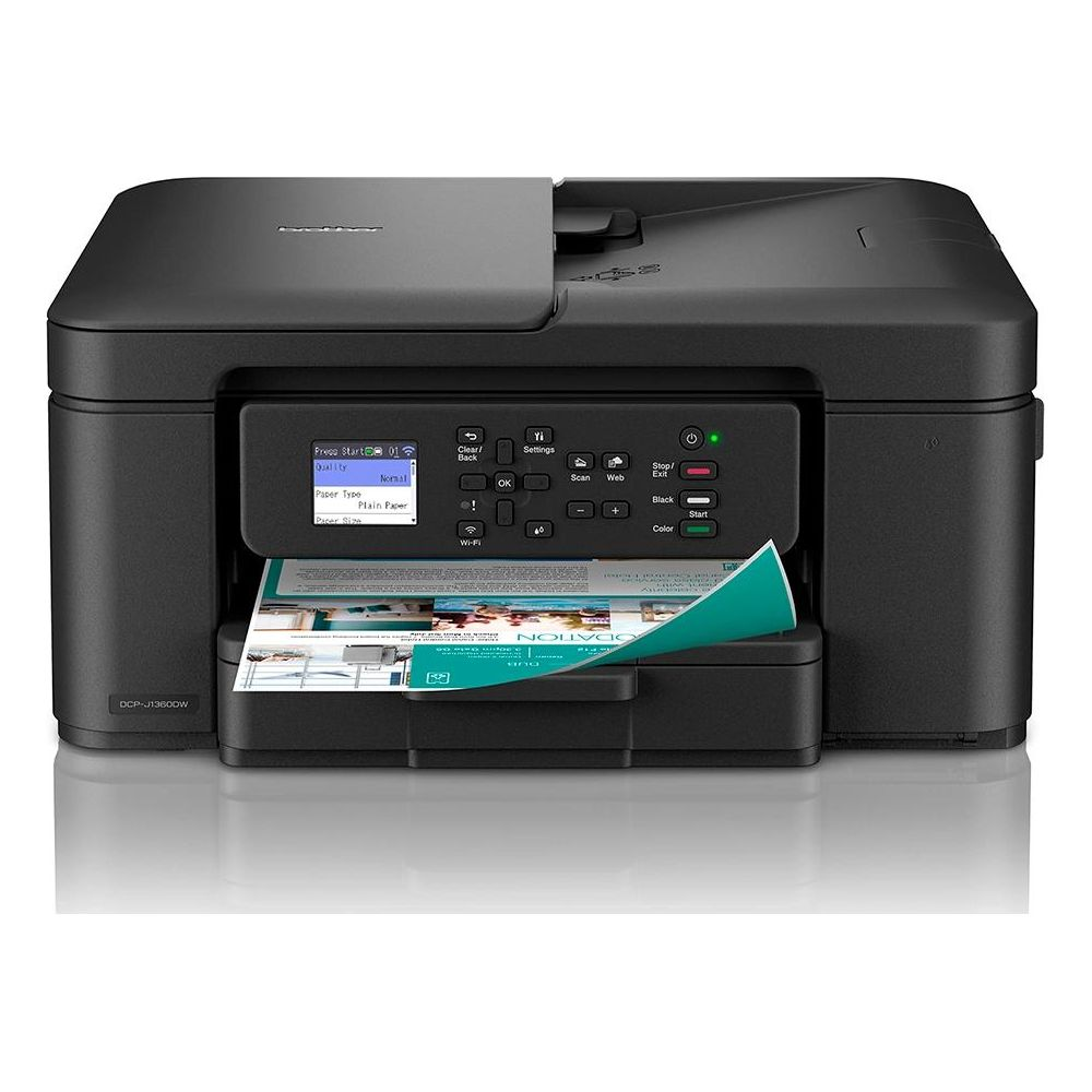 Czarna drukarka wielofunkcyjna Brother DCP-J13600W stoi na białej powierzchni.