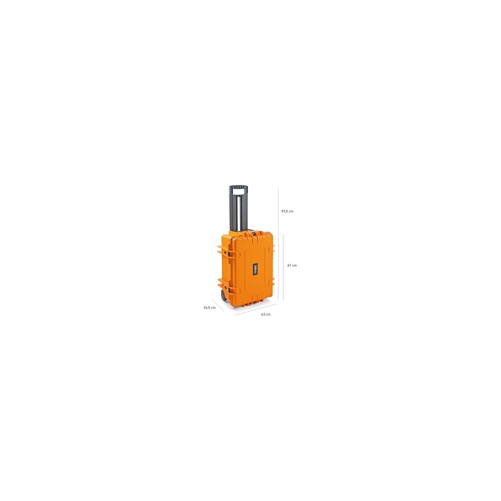 Eine orangefarbene Transportkiste mit Rädern und ausziehbarem Griff.