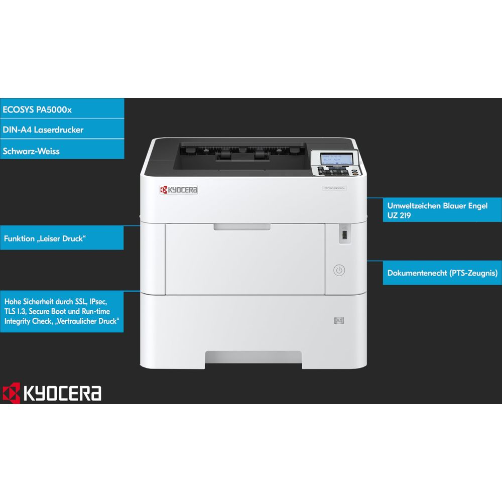 Biała drukarka laserowa Kyocera ECOSYS PA5000x z niemieckimi polami tekstowymi.