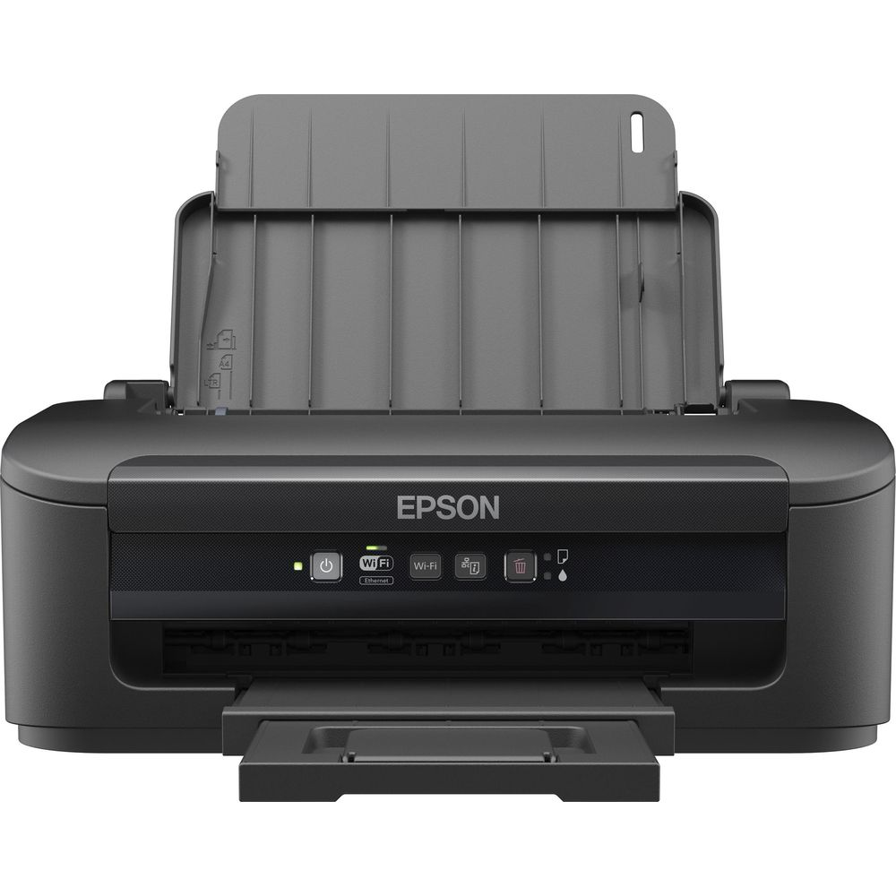 Czarna drukarka Epson z otwartą tacą papieru i przyciskami sterowania.