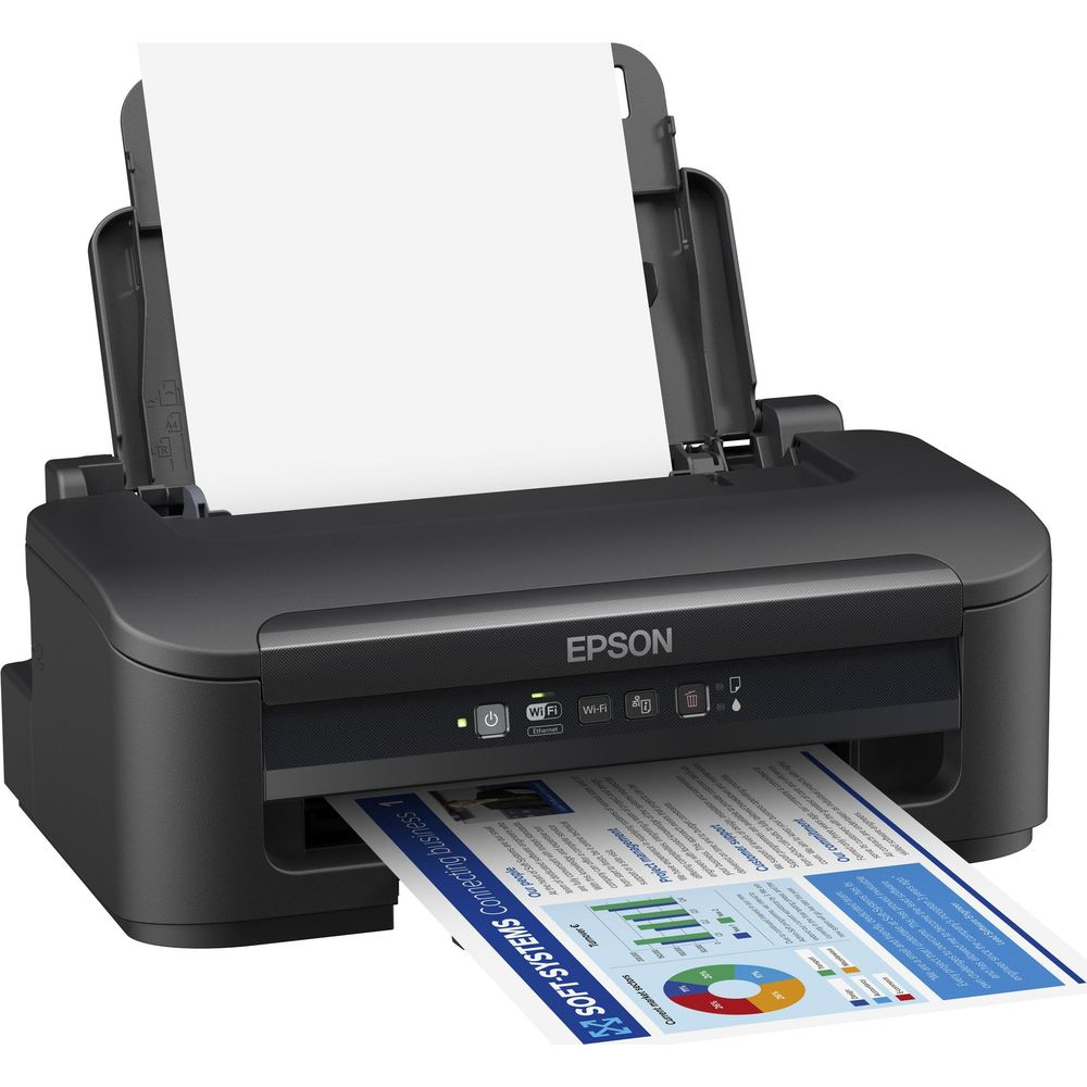 Czarna drukarka Epson drukuje dokument z wykresami.