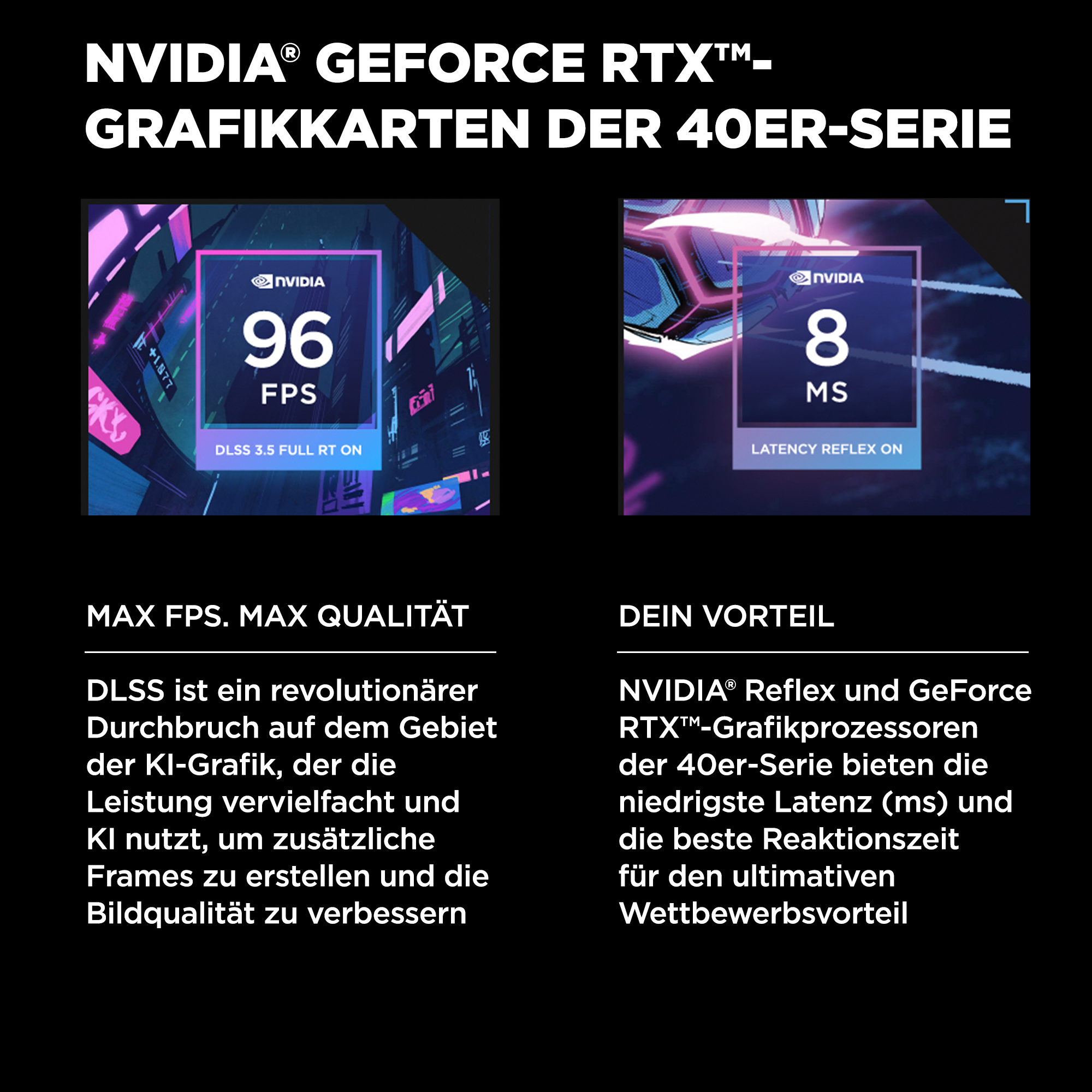 Karta graficzna NVIDIA: 96 FPS i 8 ms opóźnienia. DLSS i Reflex dla maks. wydajności.