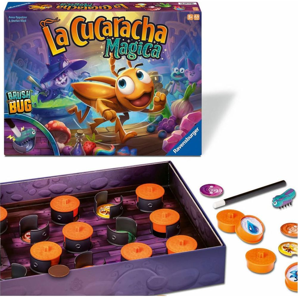 Het bordspel "La Cucaracha Magica" met speelbord, figuren en toverstaf.