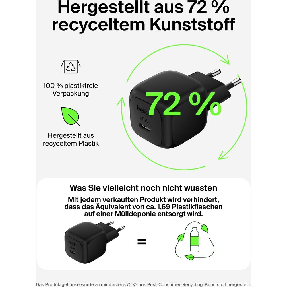 Adaptateur secteur noir fabriqué avec 72% de plastique recyclé, emballage 100% sans plastique.