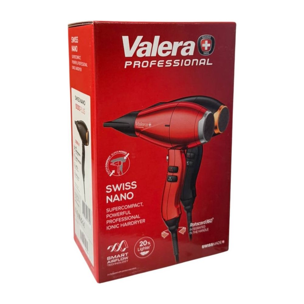 Roter Valera Haartrockner mit schwarzem Griff und goldenen Akzenten auf der Verpackung.