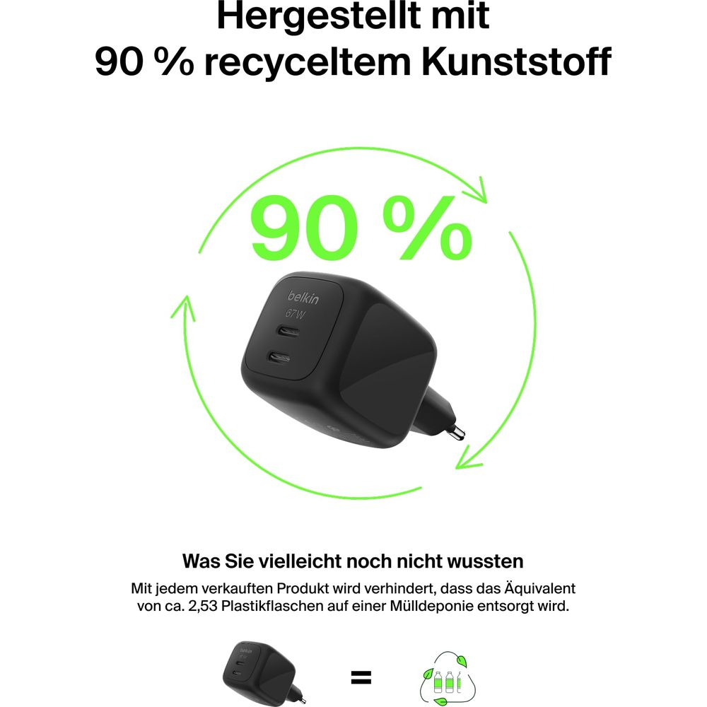 Caricatore Belkin nero da 67W, realizzato con 90% di plastica riciclata.