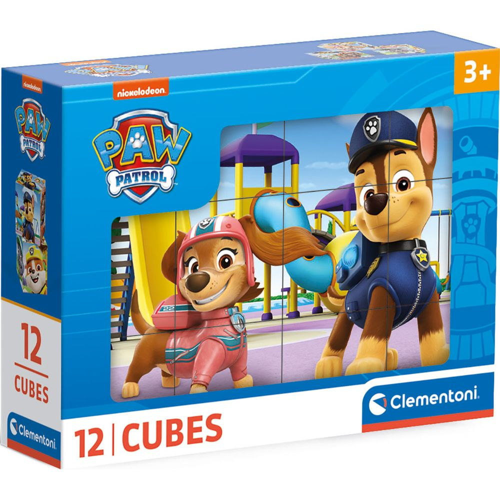 Personaggi di Paw Patrol, Skye e Chase, su una scatola di puzzle con sfondo di un parco giochi.