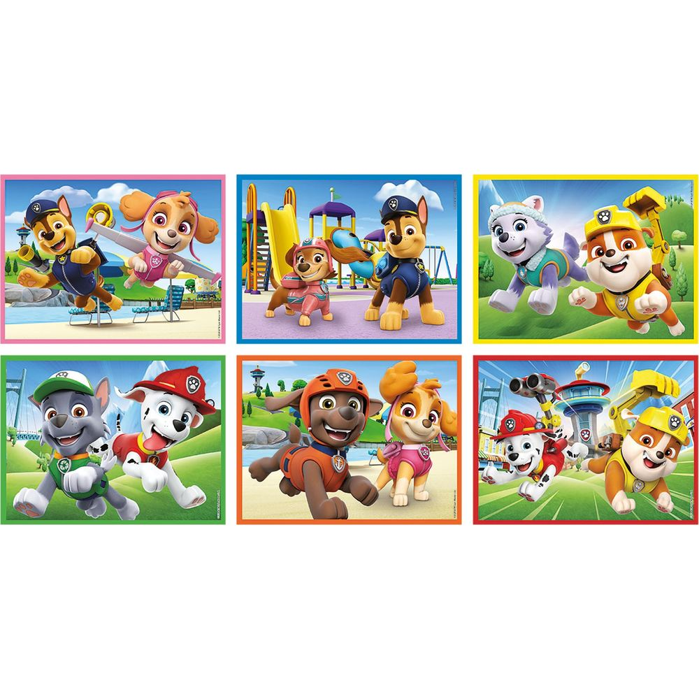 Sei scene con cani di Paw Patrol nei parchi giochi e in città.