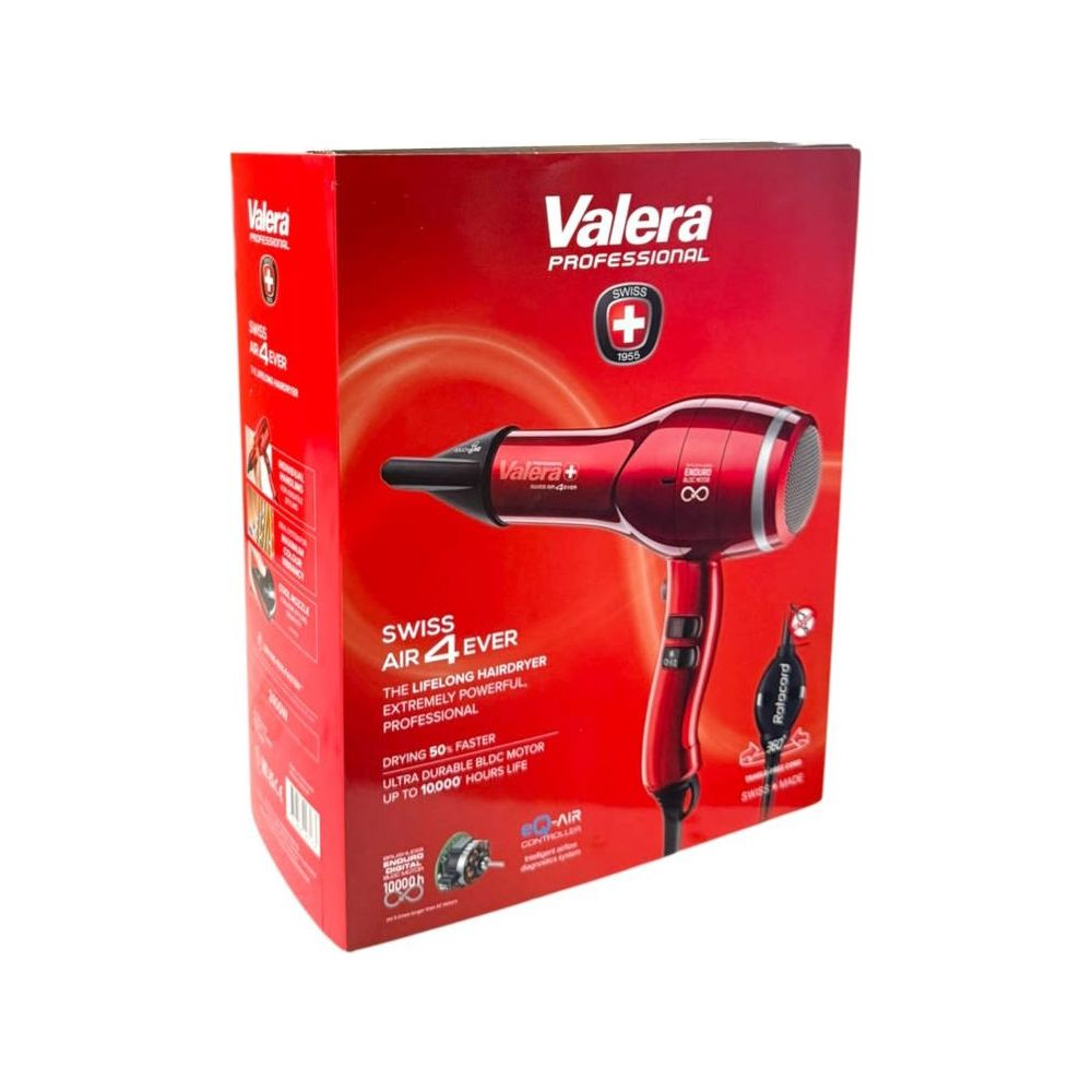 Roter Valera Haartrockner auf roter Verpackung mit Logo und Produktinformationen.