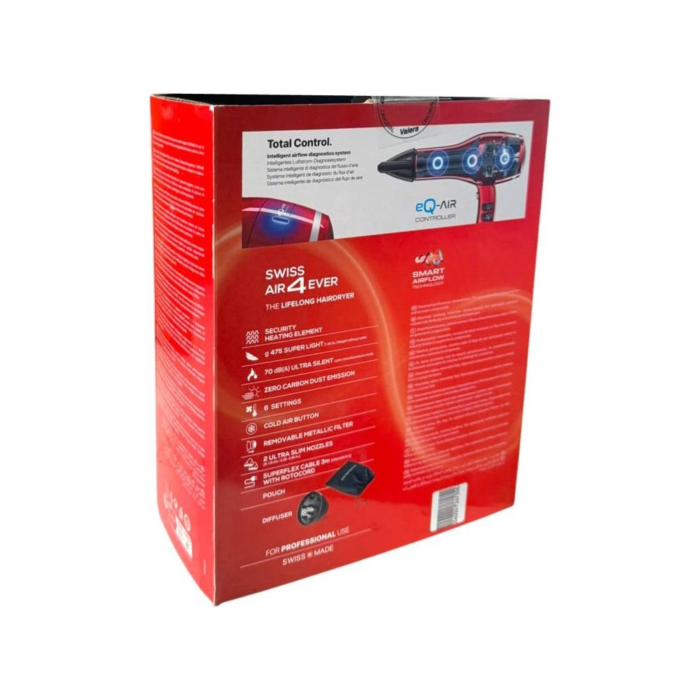Verpackung eines roten Valera Haartrockners mit Details zu Funktionen.