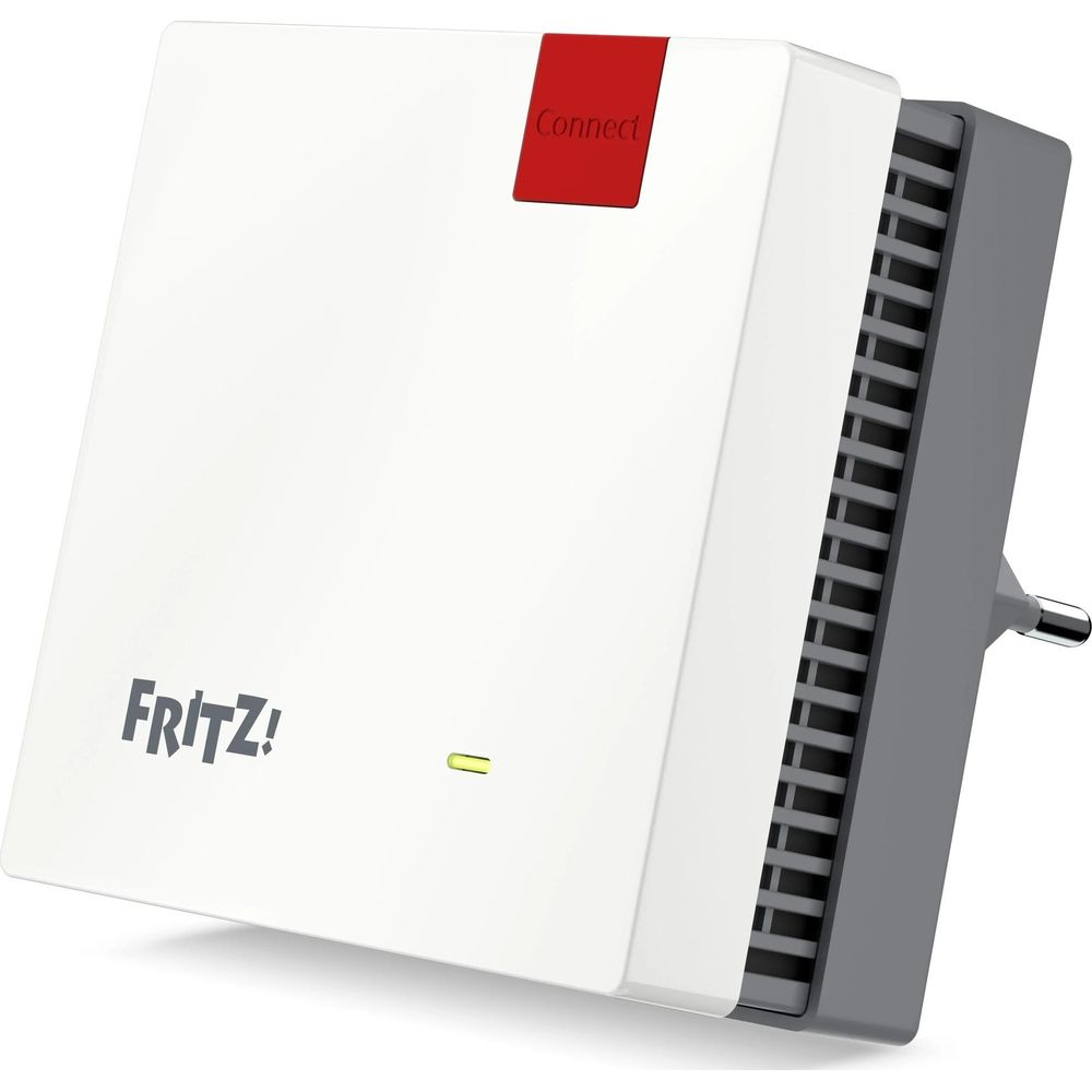 Weißes FRITZ!Box-Gerät mit rotem „Connect“-Bereich und grauen Lüftungsschlitzen.