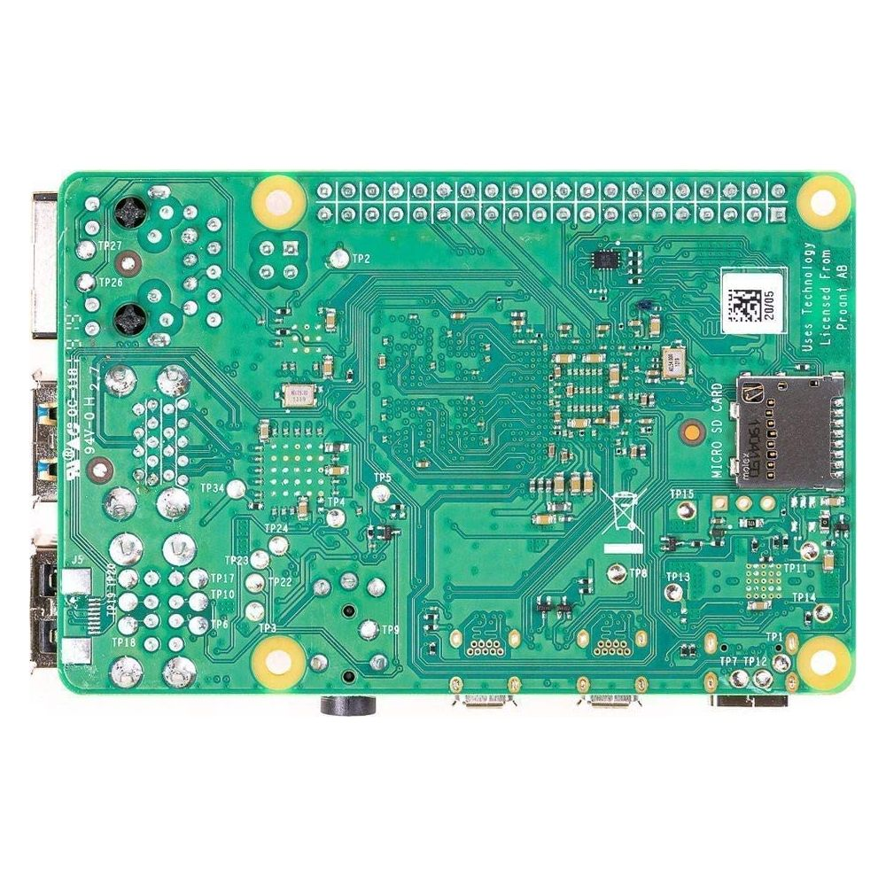 Placa de circuito verde con muchos componentes y conectores, incluyendo una ranura para tarjeta micro SD.