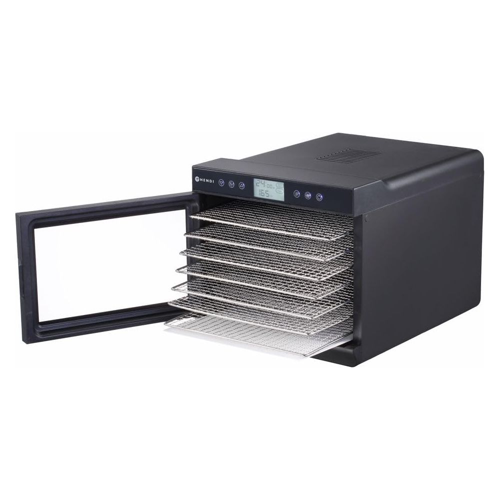 Een zwarte voedseldroger met open glazen deur, zes metalen roosters en een digitaal display.