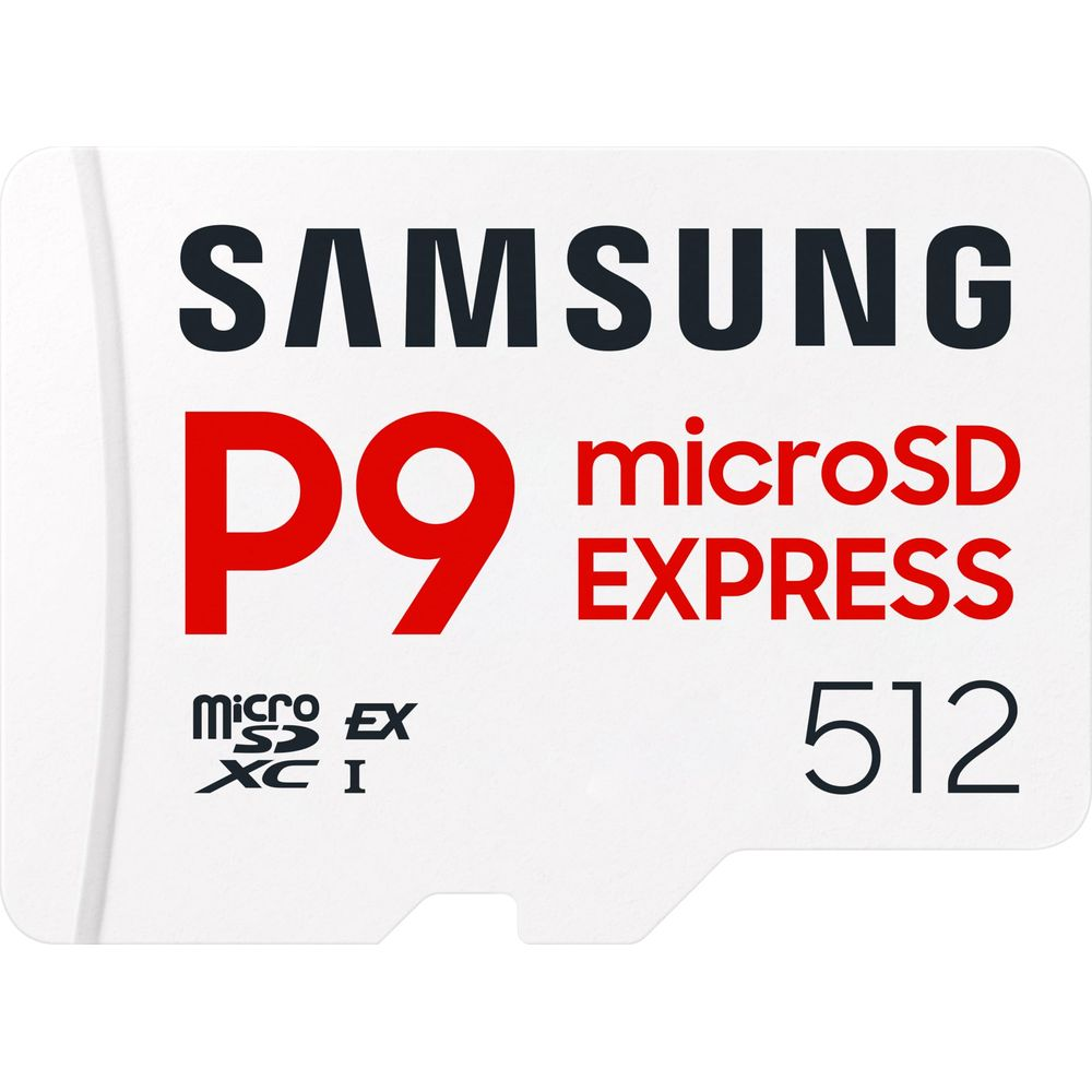 Carte mémoire Samsung microSDXC I P9 Express 512 Go avec logo P9 rouge.