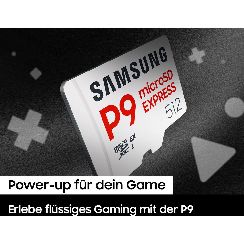 Samsung P9 microSD Express 512GB Speicherkarte mit Gaming-Symbolen.