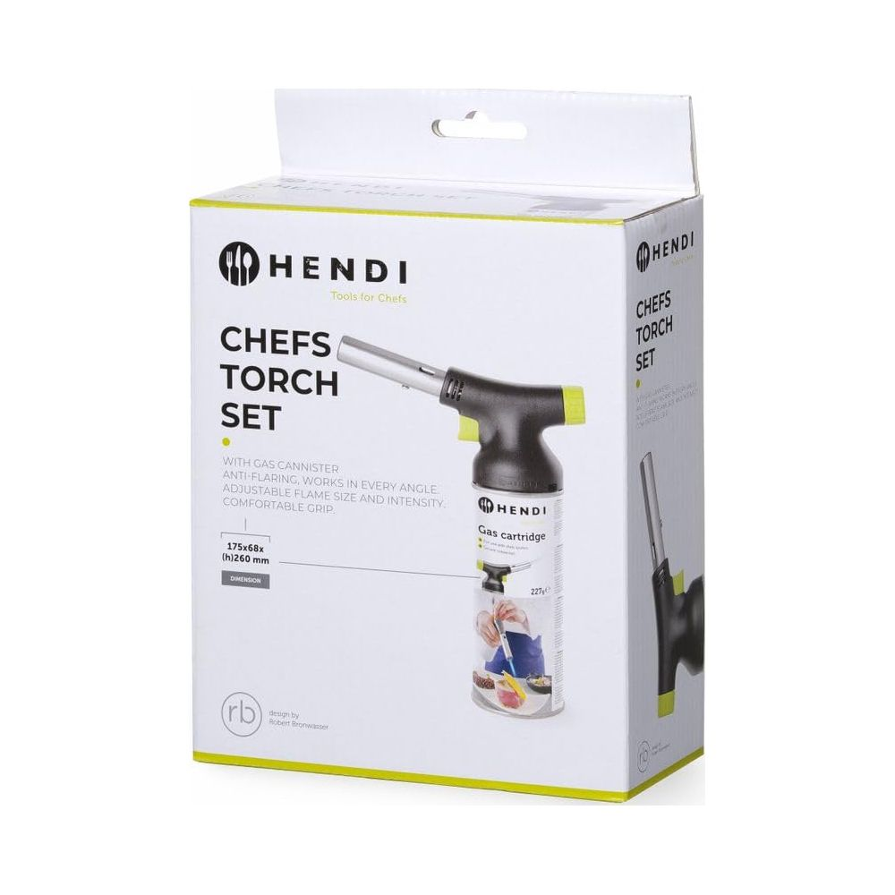 Confezione di un cannello da chef HENDI con cartuccia di gas e dettagli prodotto.