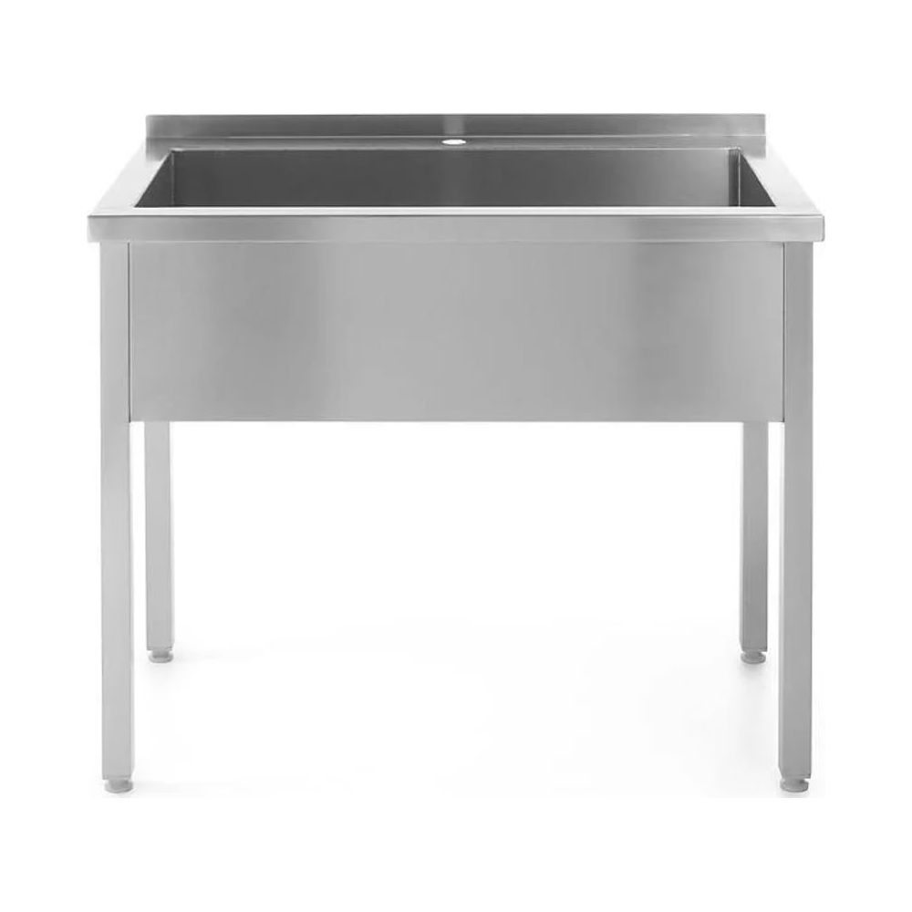 Un lavello rettangolare in acciaio inox su quattro gambe, isolato su sfondo bianco.