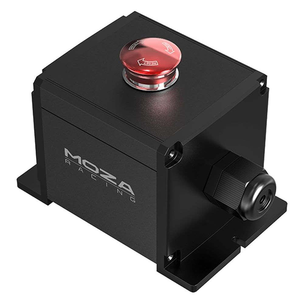 Boîtier noir avec bouton rouge de réinitialisation et logo "MOZA RACING".