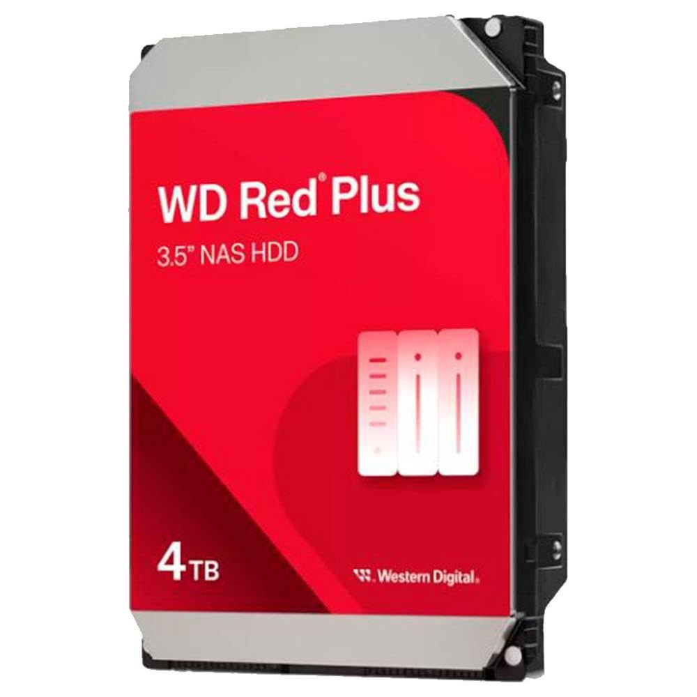 Czerwony dysk NAS WD Red Plus 4TB z srebrną pokrywą i czarnymi bokami.