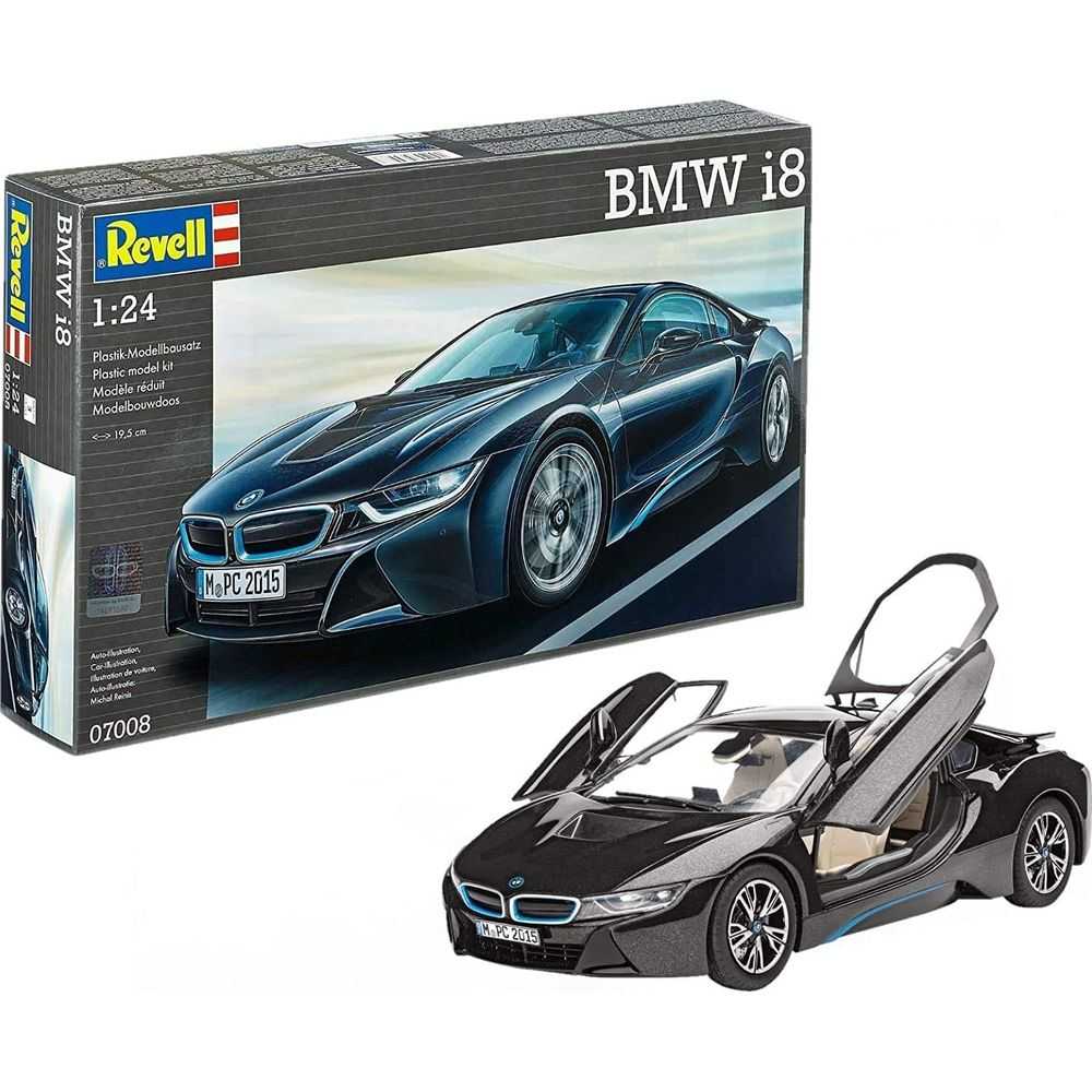 Schwarzer BMW i8 Modellbausatz von Revell mit geöffneten Türen.