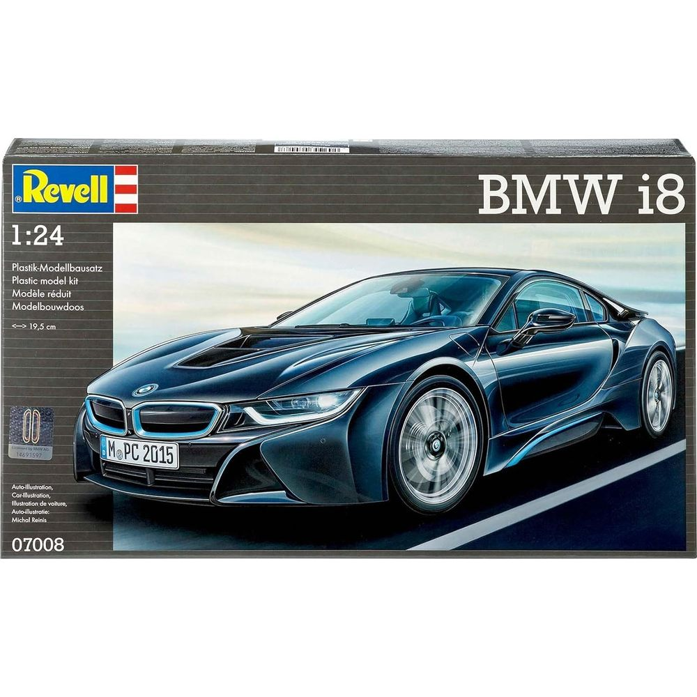 Revell BMW i8 Modellbausatz, 1:24, dunkles Blau, auf Kartonabbildung.