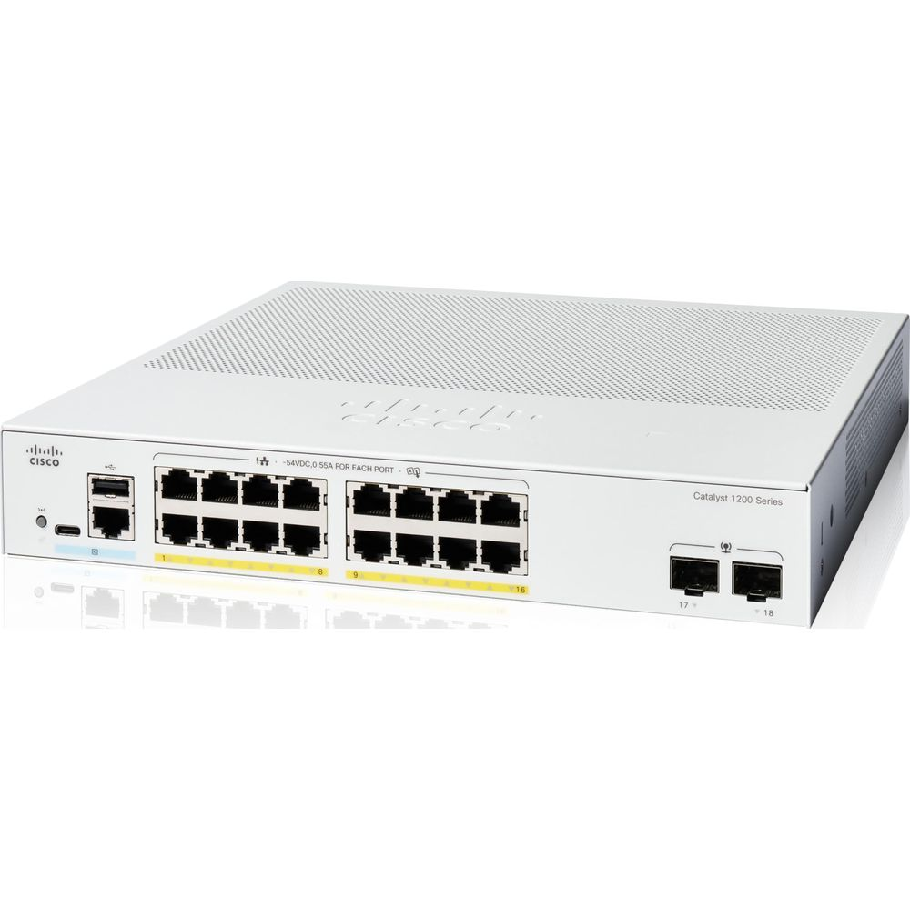 Switch di rete Cisco Catalyst 1200 Series bianco con 18 porte.