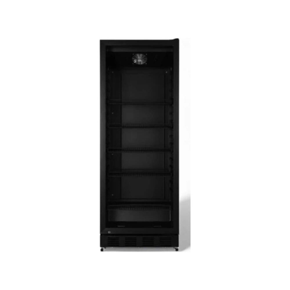 Schwarzer, hoher Kühlschrank mit Glastür, mehreren Regalen und Lüfter.