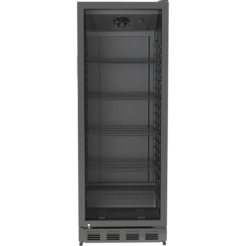 Ein schmaler, dunkler Kühlschrank mit Glastür und mehreren Regalen.
