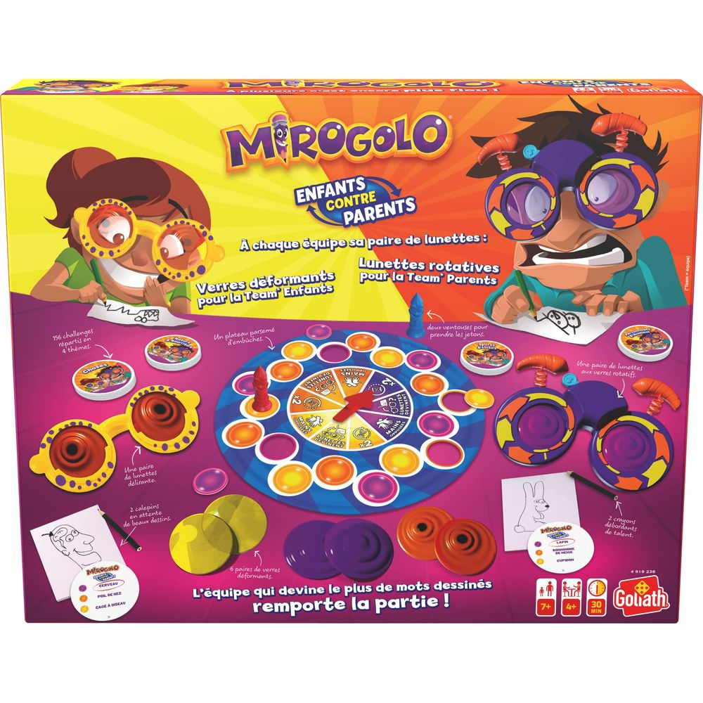 Het Mirogolo-spelbord heeft een kleurrijk pad, vervormde brillen en tekengerei.