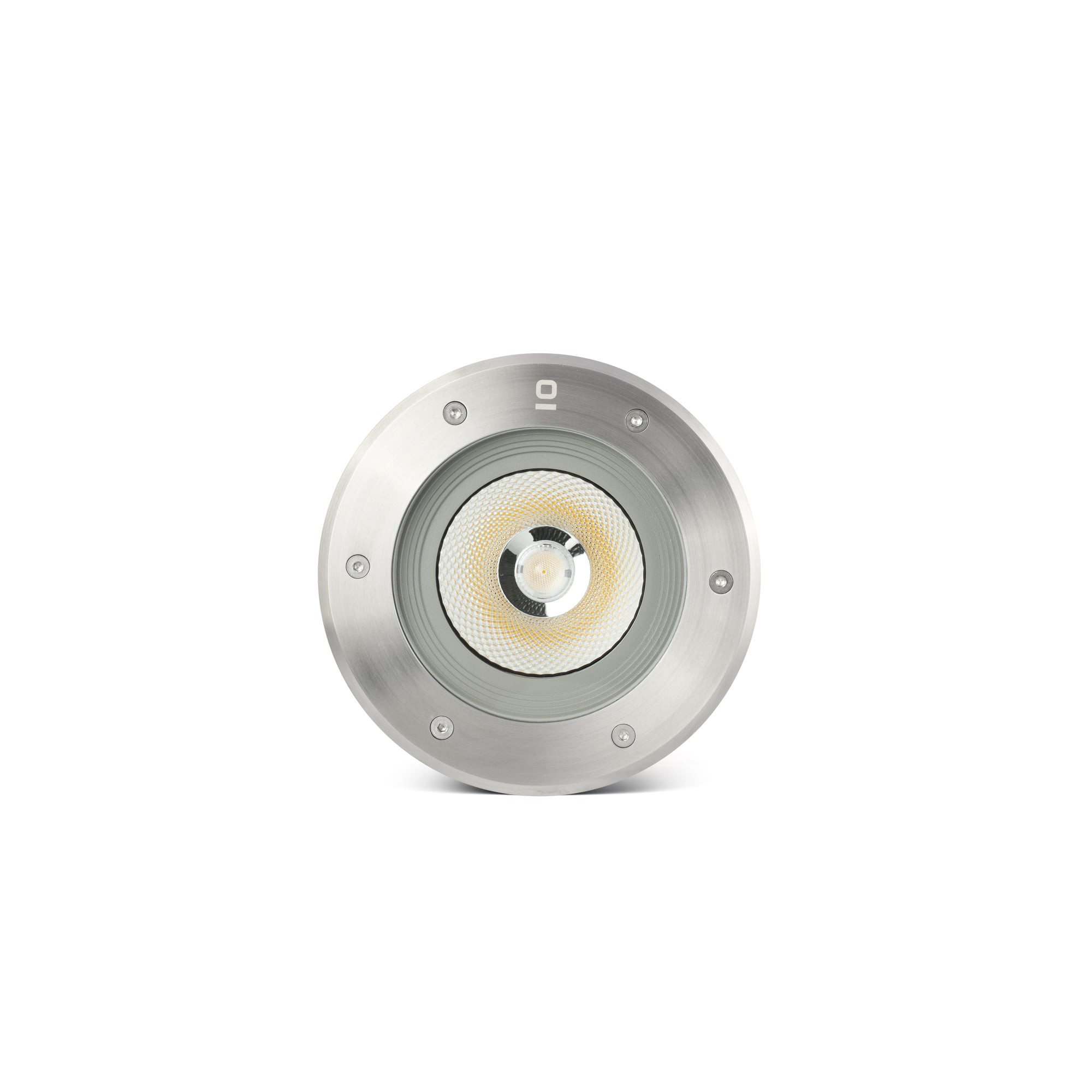 Una lampada da incasso rotonda argentata con inserto riflettente e LED centrale.