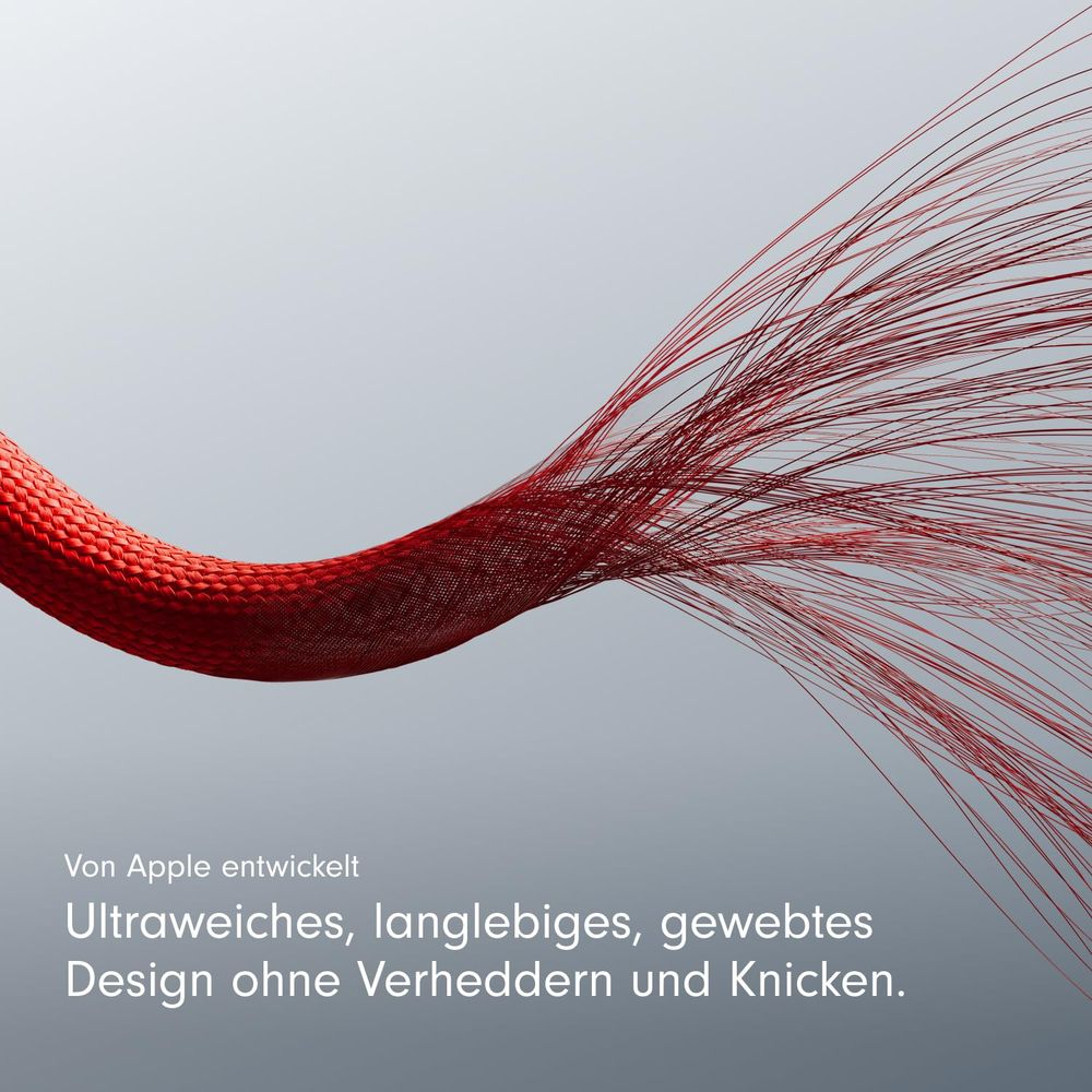 Rood geweven materiaal buigt, met fijne draden. Ontwikkeld door Apple.