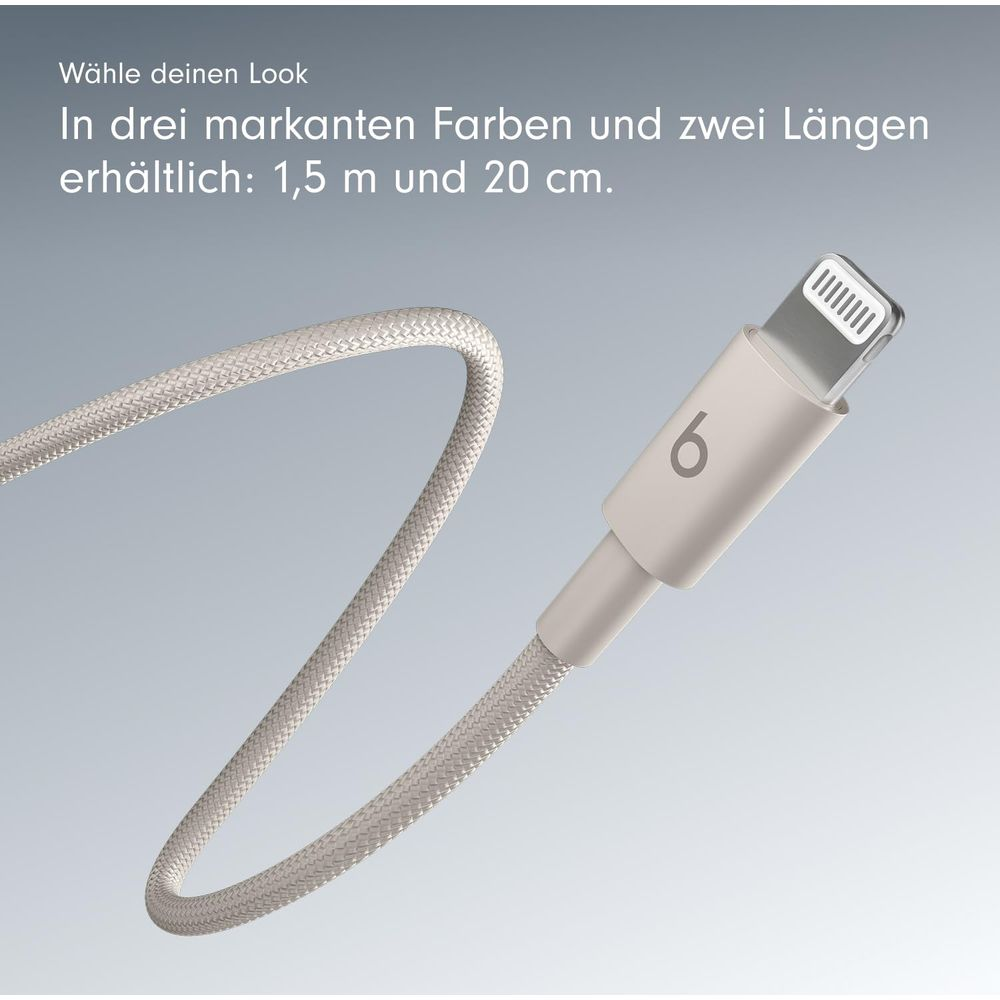 Een lichtgrijze oplaadkabel met Lightning-connector en "6"-logo.