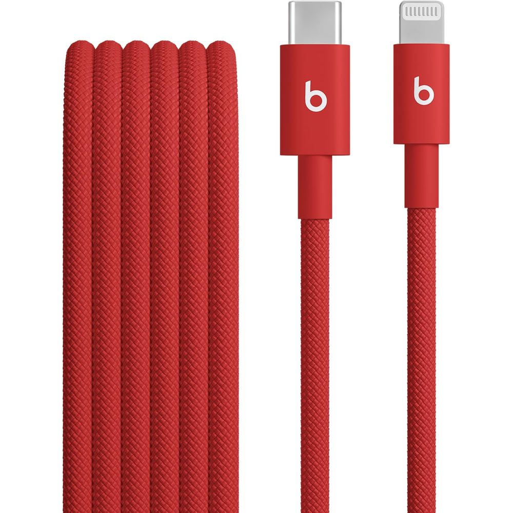 Rode kabels met Beats-logo, USB-C en Lightning-connectoren.