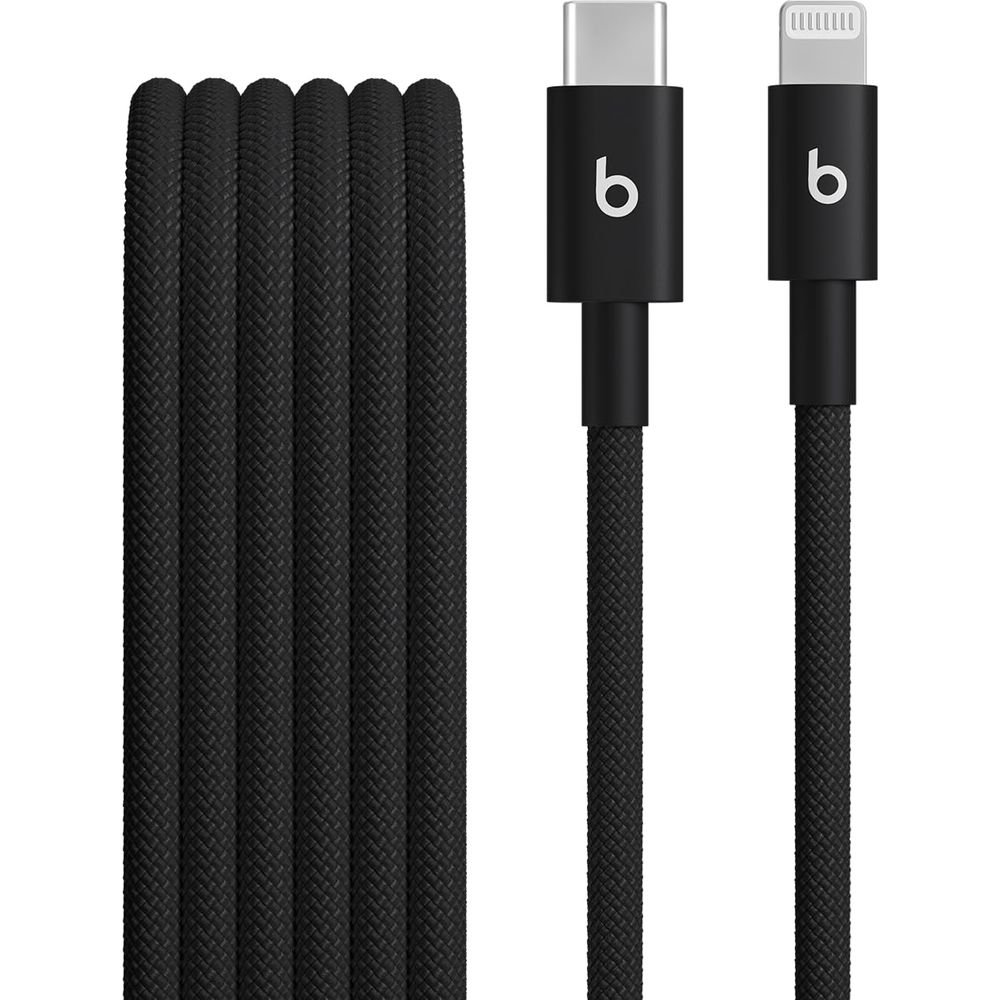 Dwa czarne kable z logo Beats, jeden USB-C i jeden Lightning.