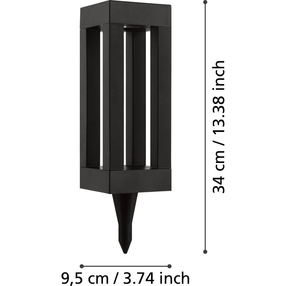 Schwarze Lampe mit Erdspieß, H: 34 cm, B: 9,5 cm.