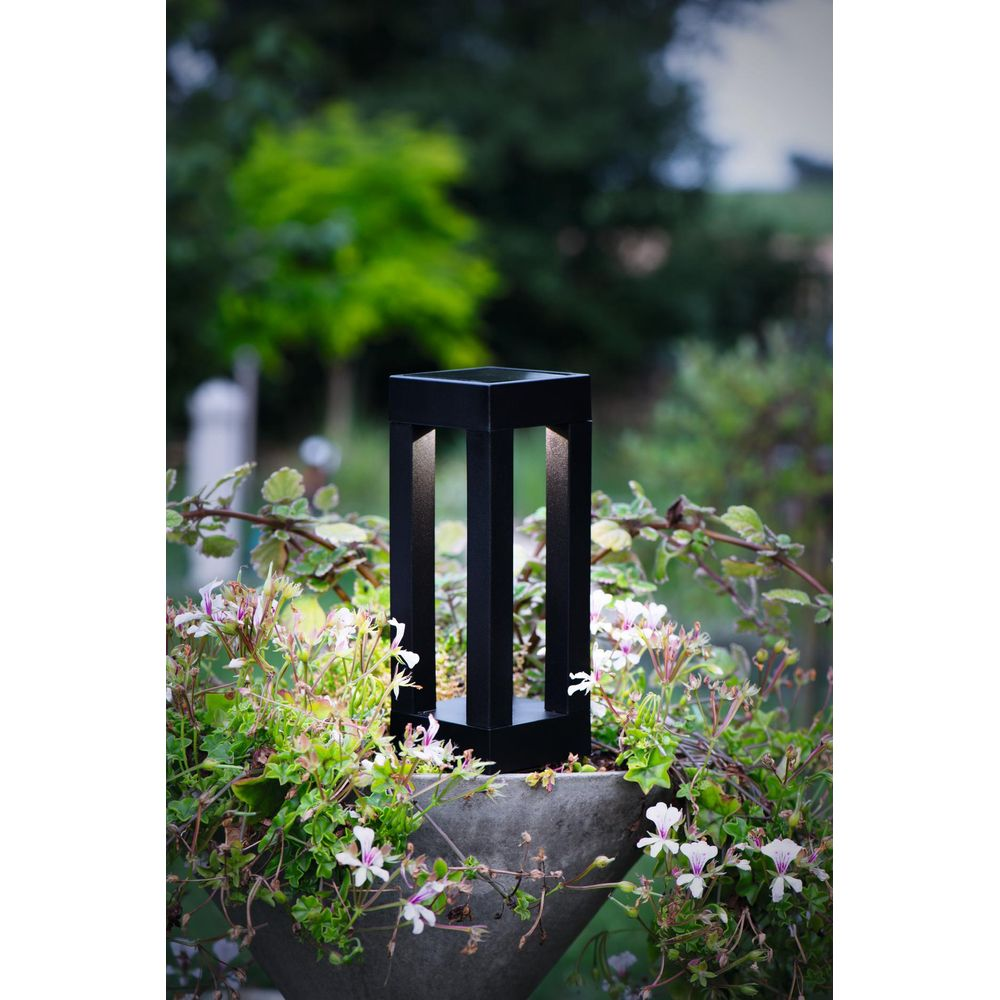 Schwarzer Gartensockel mit Lichtern, umgeben von grünen Pflanzen und weißen Blüten.